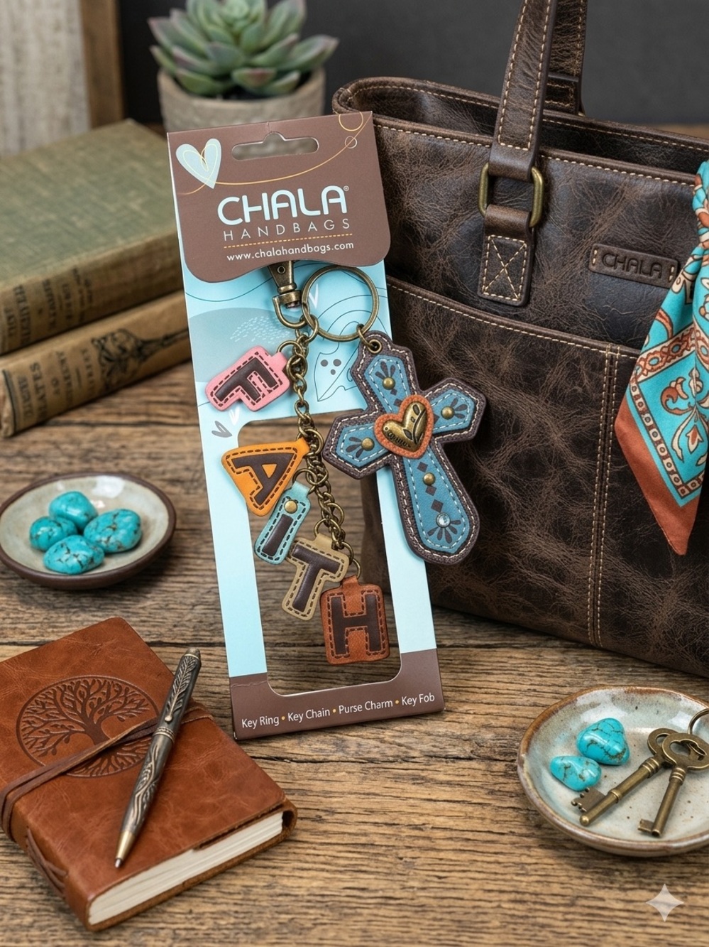 CHALA “FAITH” Blue & Brown Cross Keychain with FAITH Letter Charms